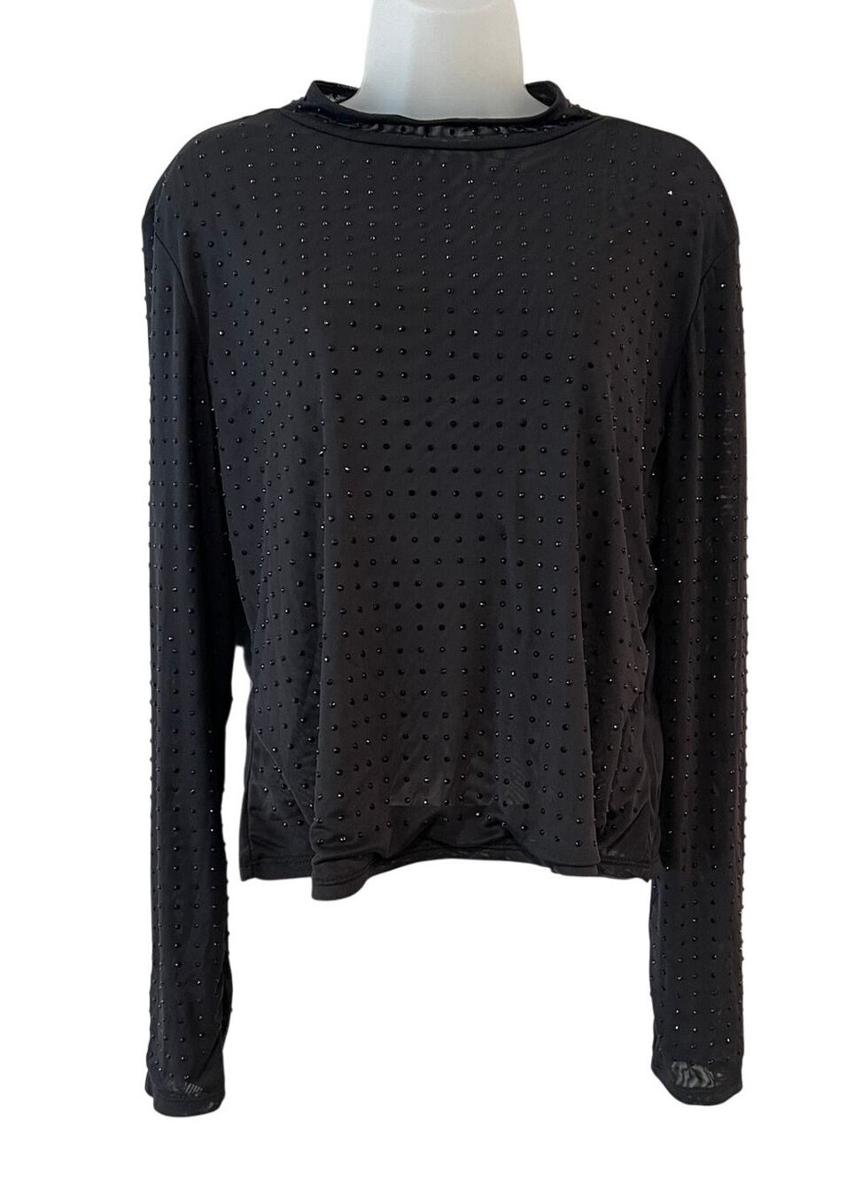 Women's Black Solid Sheer Mesh Studded Round Neck Button 2XL